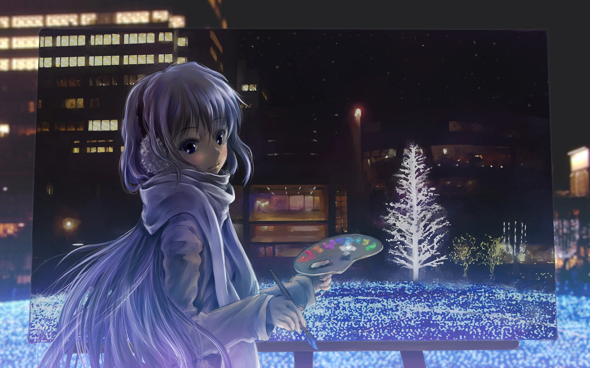 A winter night cityscape with vibrant lights, featuring an anime character painting a glowing tree, captured in an original HD wallpaper showcasing a rich color palette.