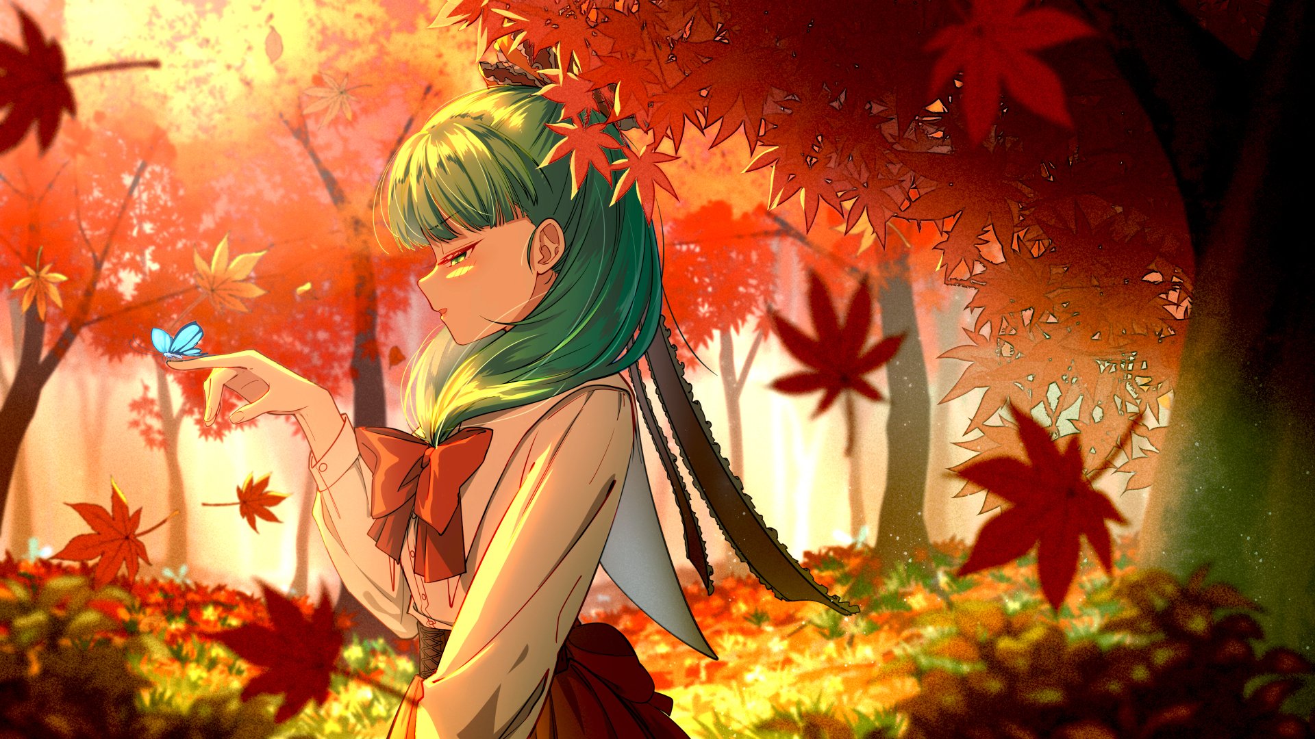 Hina Kagiyama from Touhou stands amid vibrant autumn leaves, gently holding a blue butterfly in this 4K Ultra HD anime desktop wallpaper.
