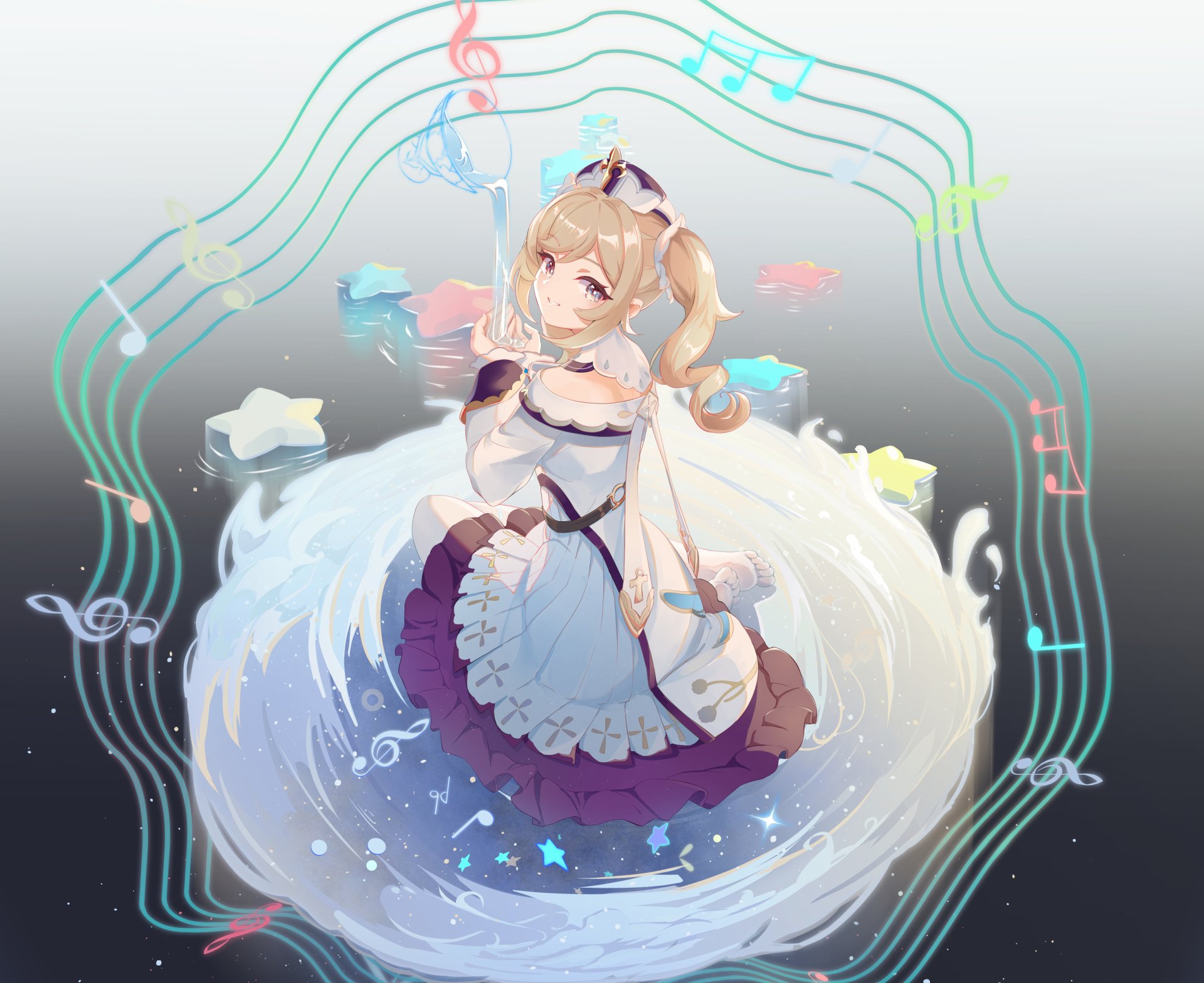 HD PC desktop wallpaper featuring Barbara from the video game Genshin Impact, surrounded by colorful musical notes and whimsical aquatic elements.