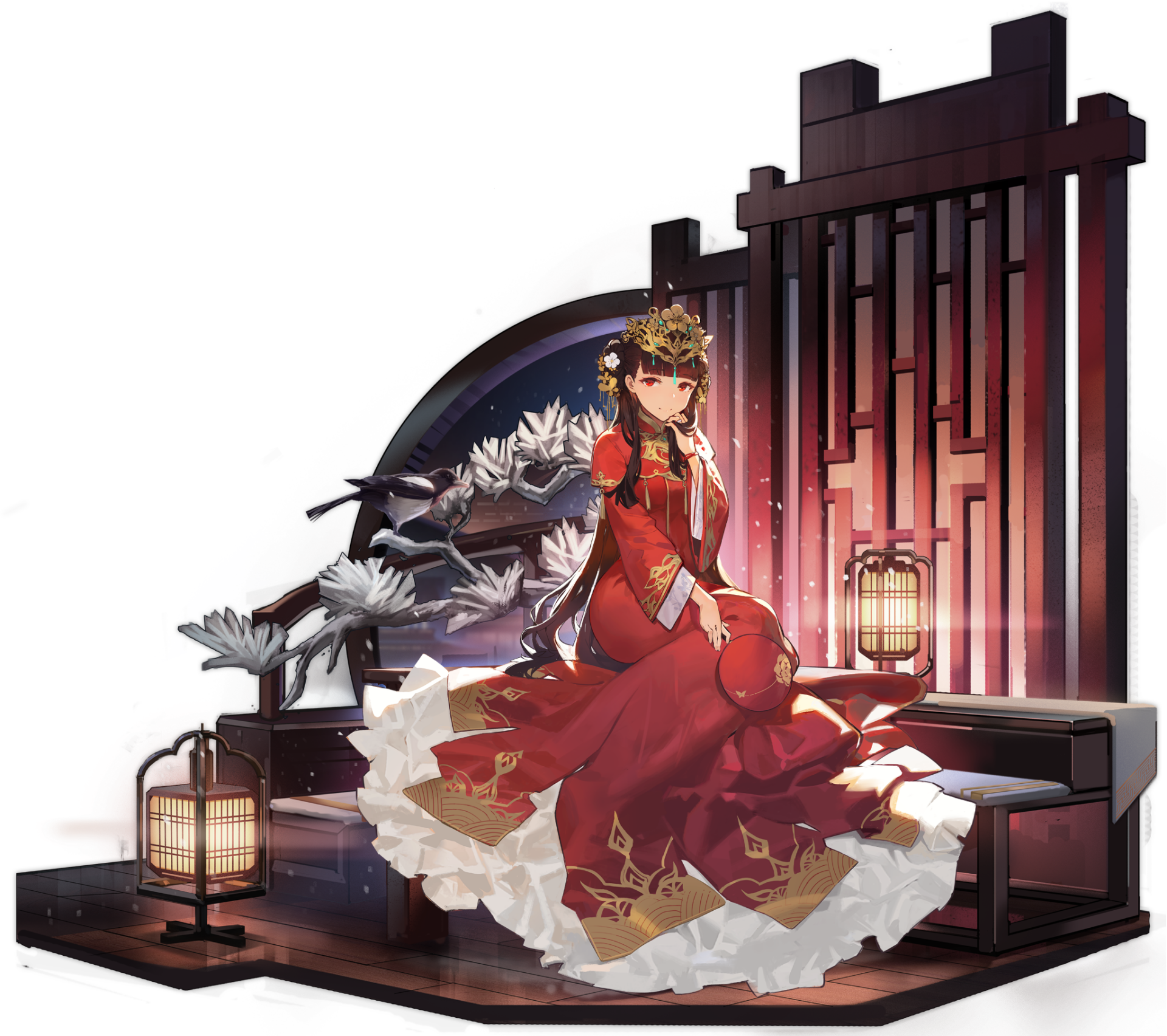 HD anime desktop wallpaper featuring Yat Sen from Azur Lane in an elegant red traditional outfit, seated in a softly lit, ornate room with lanterns and floral decorations.