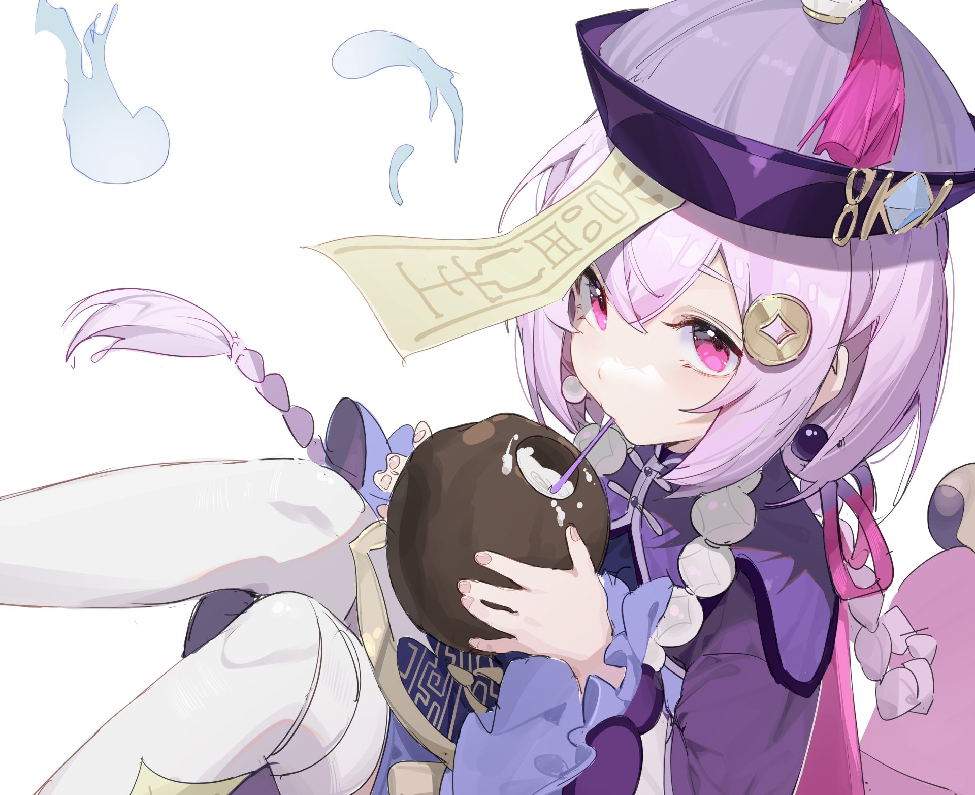 Qiqi from Genshin Impact in a 4K Ultra HD PC desktop wallpaper: purple-clad, talisman on her forehead, pastel hair, clutching a dark cup against a soft white background.