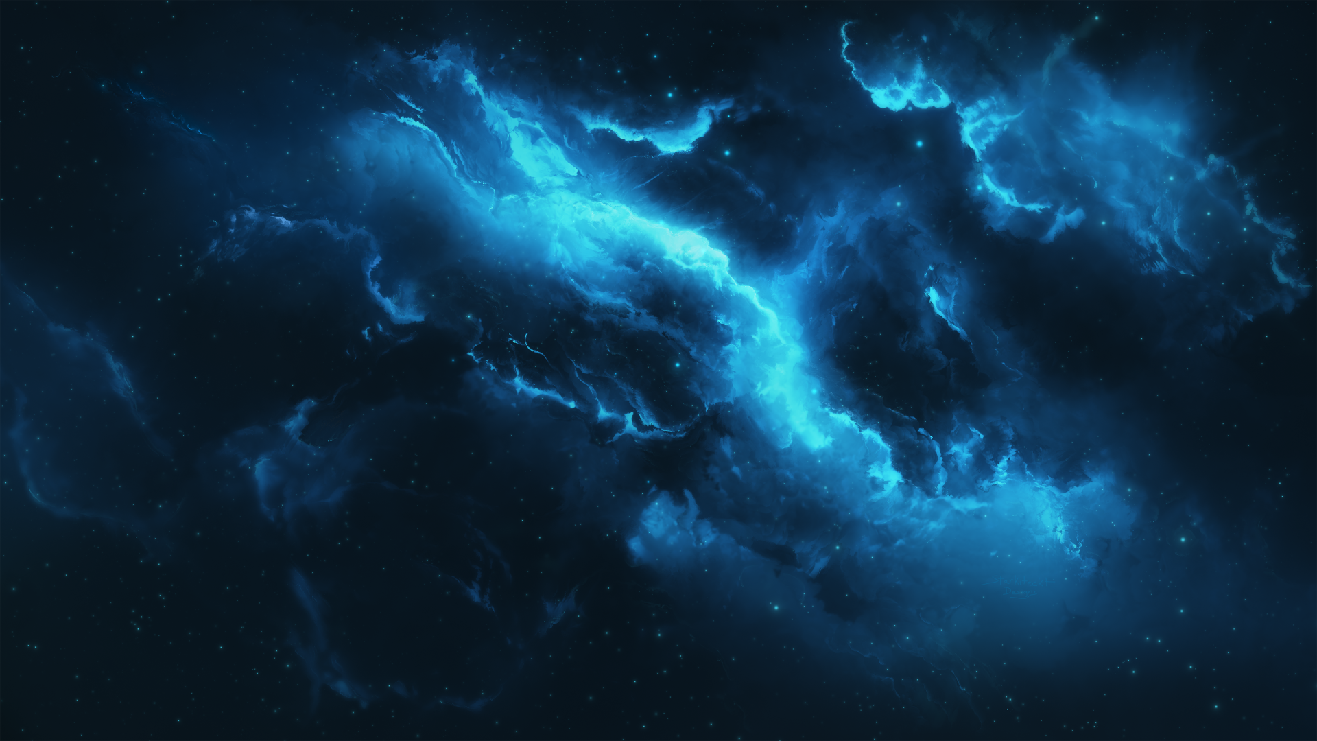 HD desktop wallpaper featuring a stunning sci-fi nebula in deep space, with vibrant blue hues illuminating swirling clouds in the cosmos.