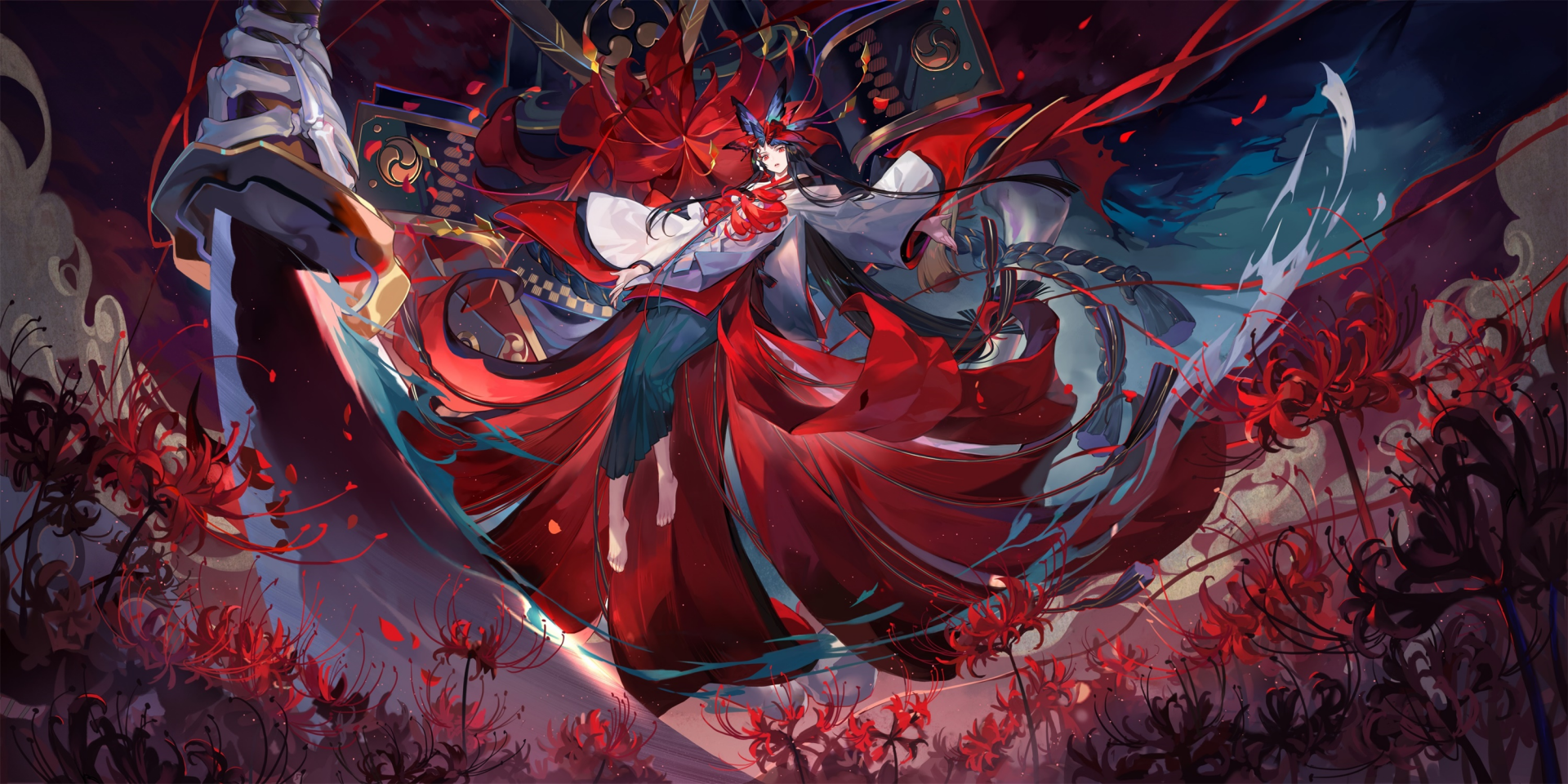 A vibrant anime-inspired HD desktop wallpaper featuring dynamic Onmyoji characters amidst a backdrop of swirling red flowers, creating a captivating and mystical atmosphere.