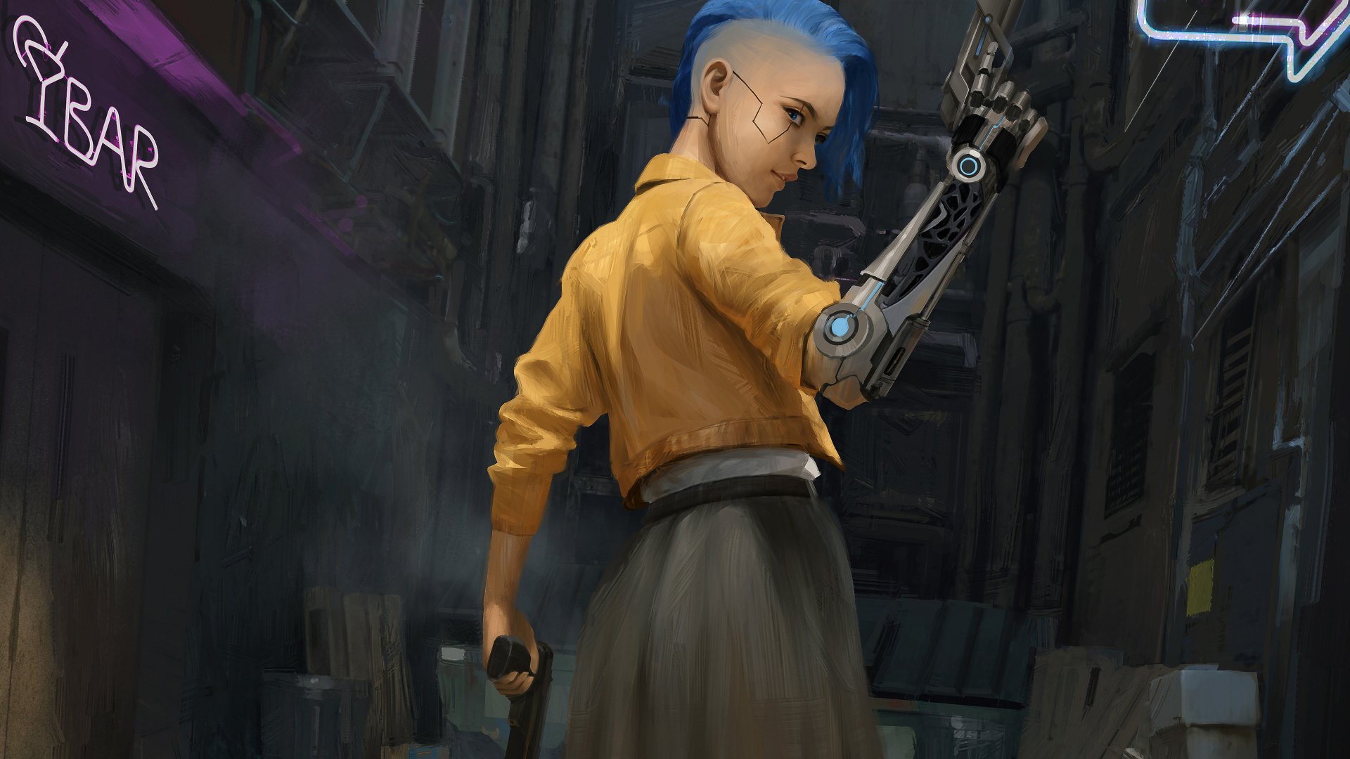 Download Futuristic Gun Weapon Blue Hair Sci Fi Cyberpunk 4k Ultra HD ...