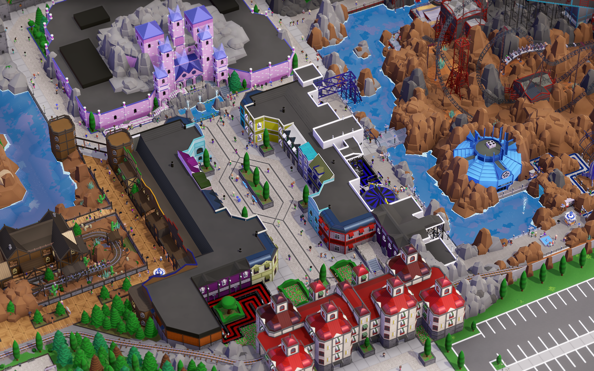 HD desktop wallpaper of Parkitect game showing a vibrant theme park with various attractions and buildings.