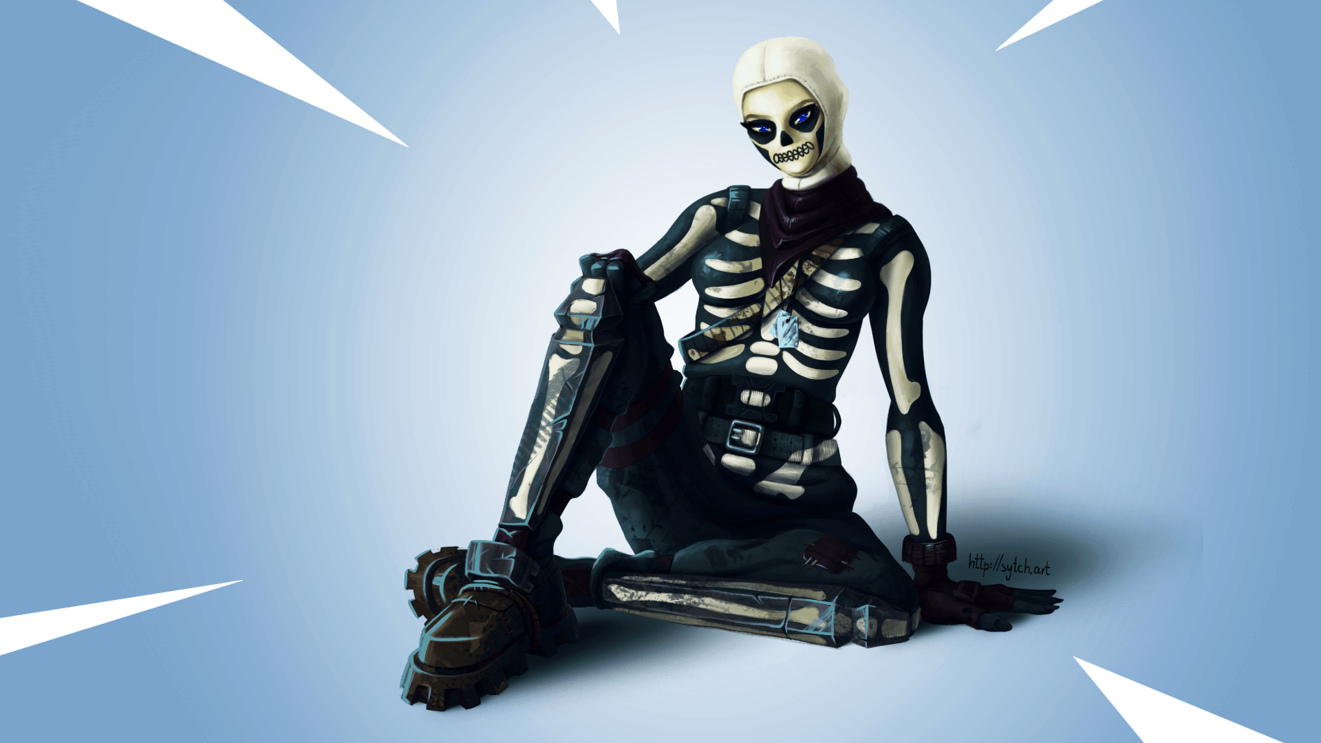 HD desktop wallpaper featuring Fortnite's Skull Trooper character in a dynamic pose on a blue background.