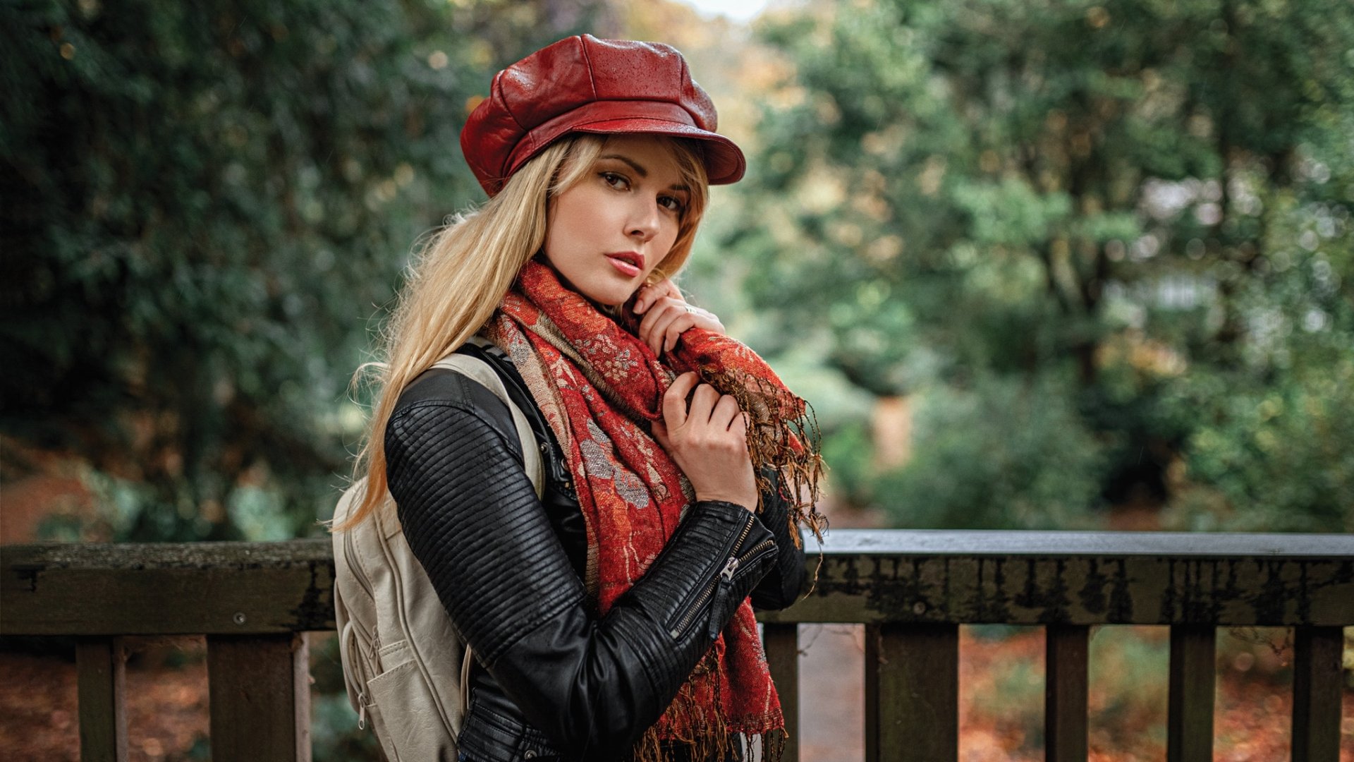 Download Leather Jacket Depth Of Field Blonde Hat Carla Monaco Woman Model HD Wallpaper