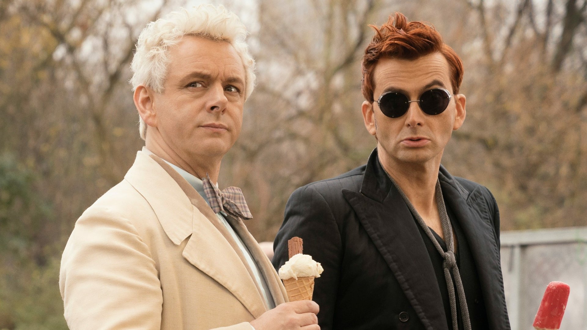 HD desktop wallpaper featuring Michael Sheen as Aziraphale and David Tennant as Crowley from the TV show Good Omens.