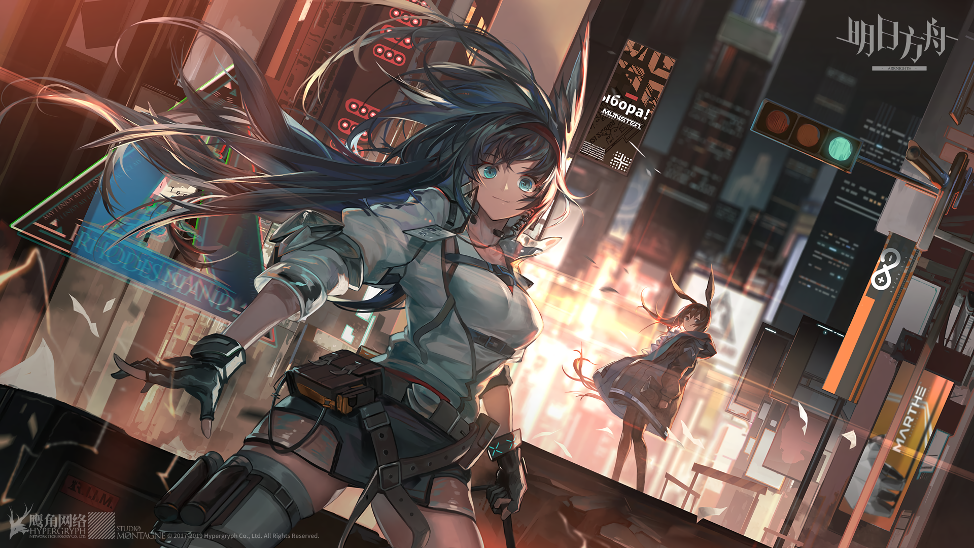HD desktop wallpaper featuring Blaze and Amiya from Arknights, with the characters showcasing black hair and aqua eyes along with animal ears, set against a vibrant, futuristic cityscape.