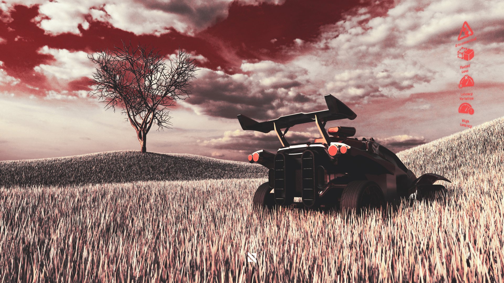 HD PC desktop wallpaper merging Ghost of Tsushima video game aesthetic with Rocket League: armored car rests in windswept grass beneath a blood-red sky and a lone tree.