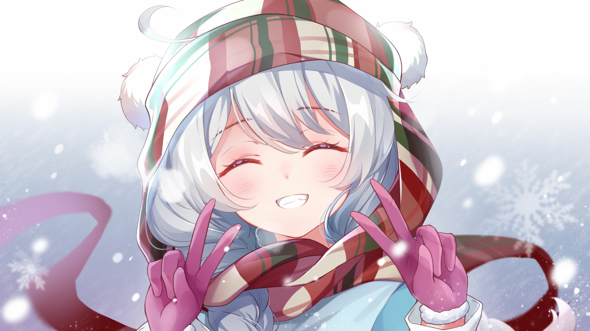 Anime-style HD wallpaper of Kiana Kaslana with white hair and a blush, wearing a winter hat and scarf, smiling brightly in a snowy background.