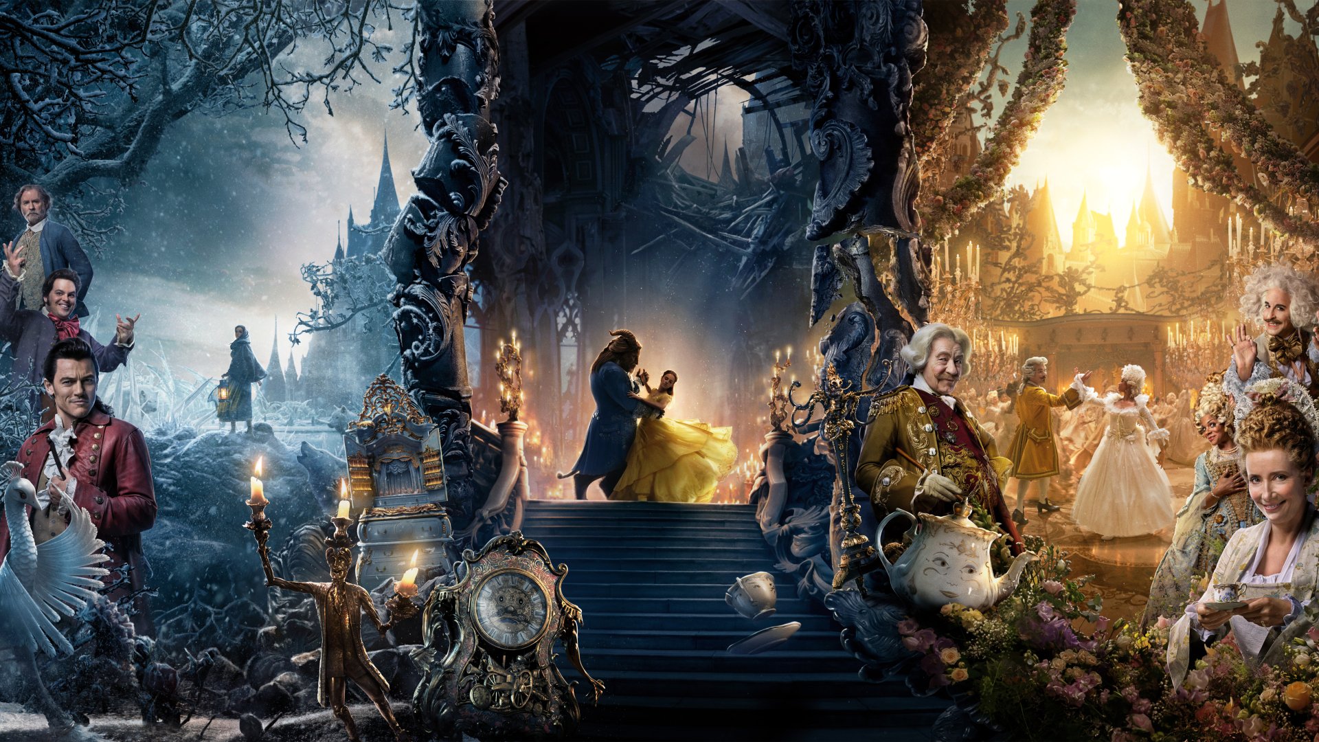 8K Ultra HD Beauty and the Beast (2017) movie wallpaper featuring key characters in a magical castle setting with vibrant lighting and detailed fantasy elements.