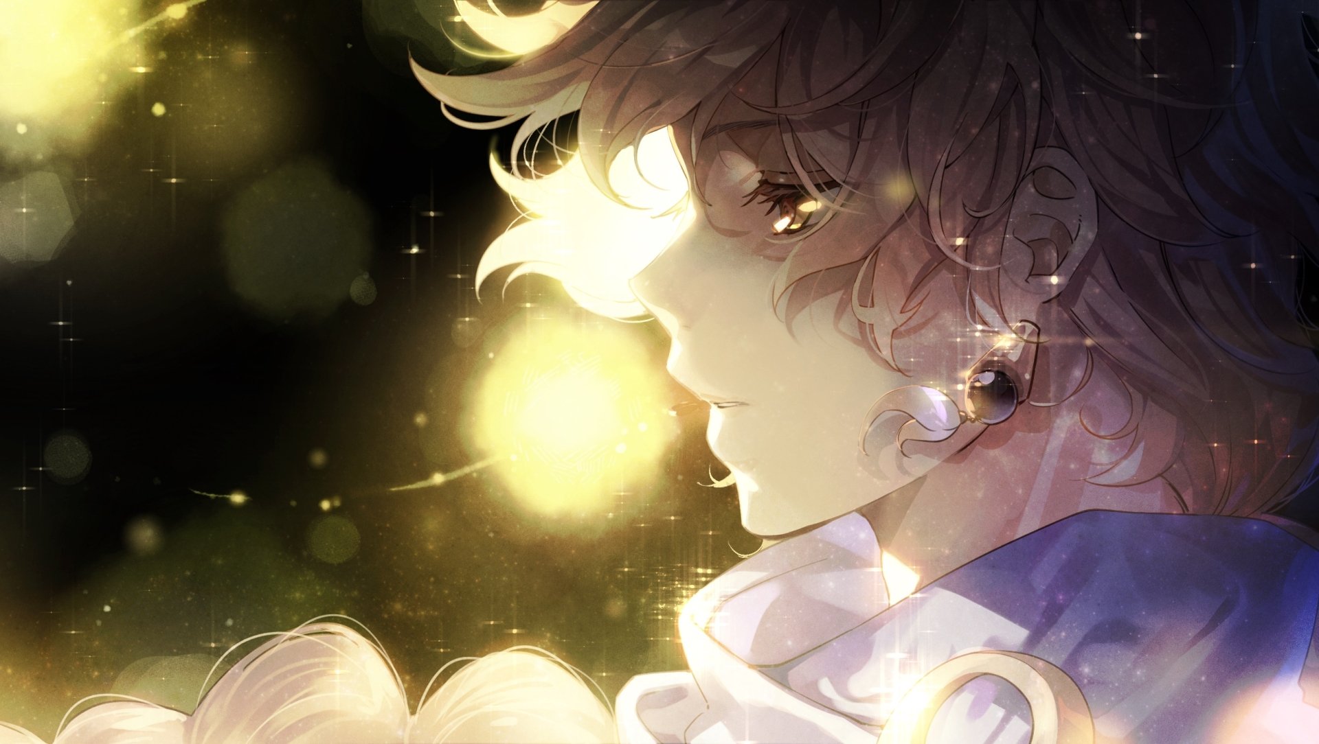 HD PC desktop wallpaper of Aether from the video game Genshin Impact, featuring a detailed side profile with glowing light effects and a soft, ethereal atmosphere.