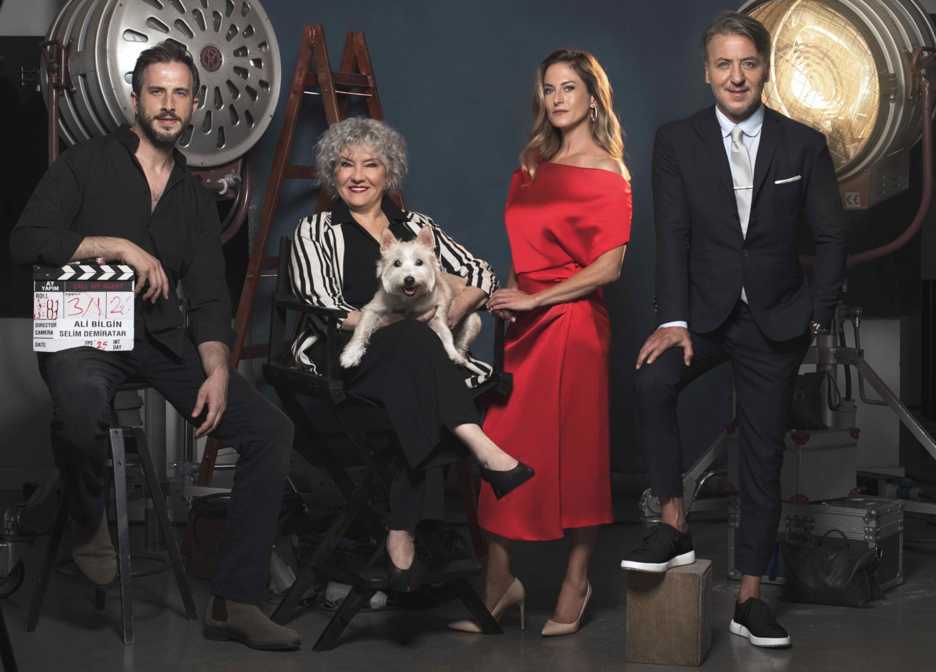 HD desktop wallpaper featuring the cast of Call My Agent! posing confidently on a film set.