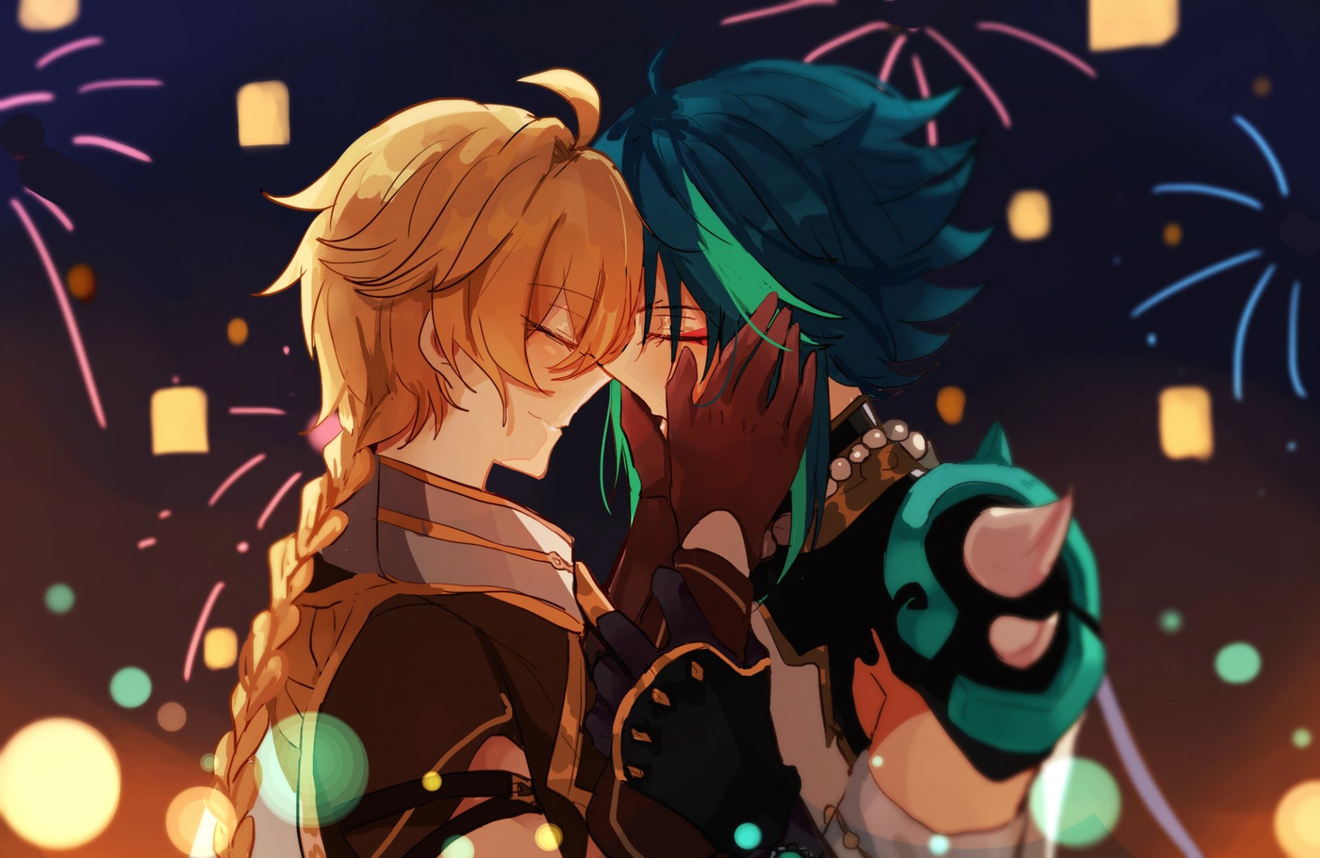 HD PC desktop wallpaper of Genshin Impact's Xiao and Aether sharing a tender forehead touch amid glowing lanterns and fireworks.