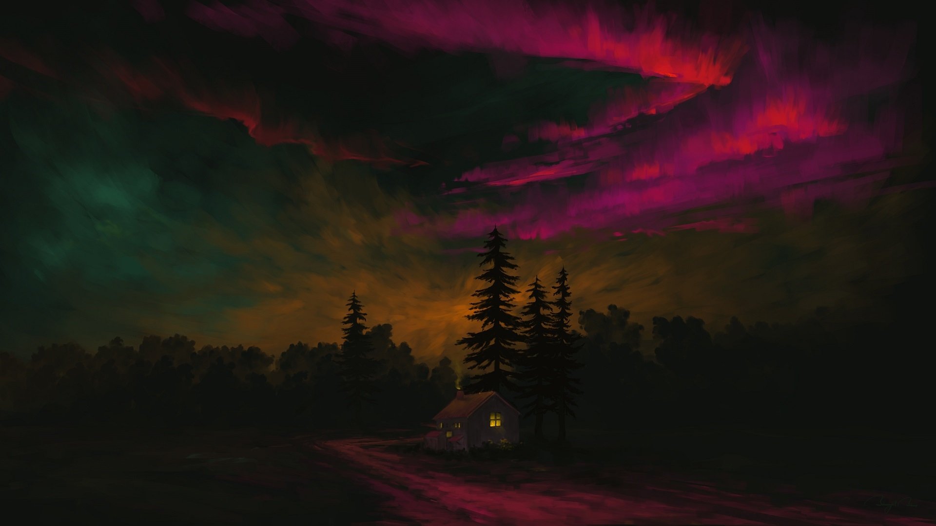 HD artistic night landscape wallpaper featuring a dark sky with vibrant red and green clouds above silhouetted trees and a small illuminated cabin.