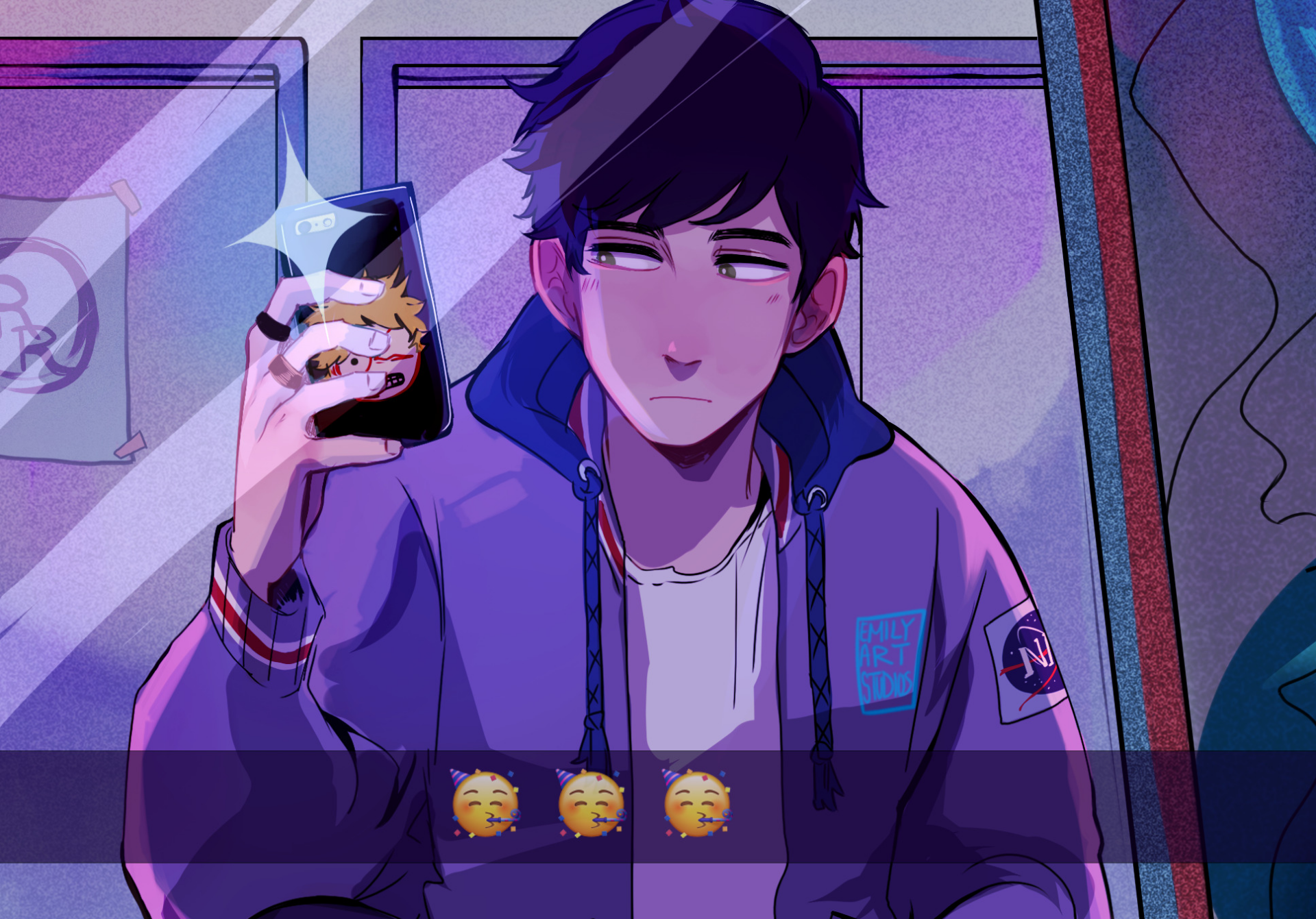 HD PC desktop wallpaper featuring an anime-style black-haired character holding a phone with a Craig Tucker emoji from South Park on the screen.