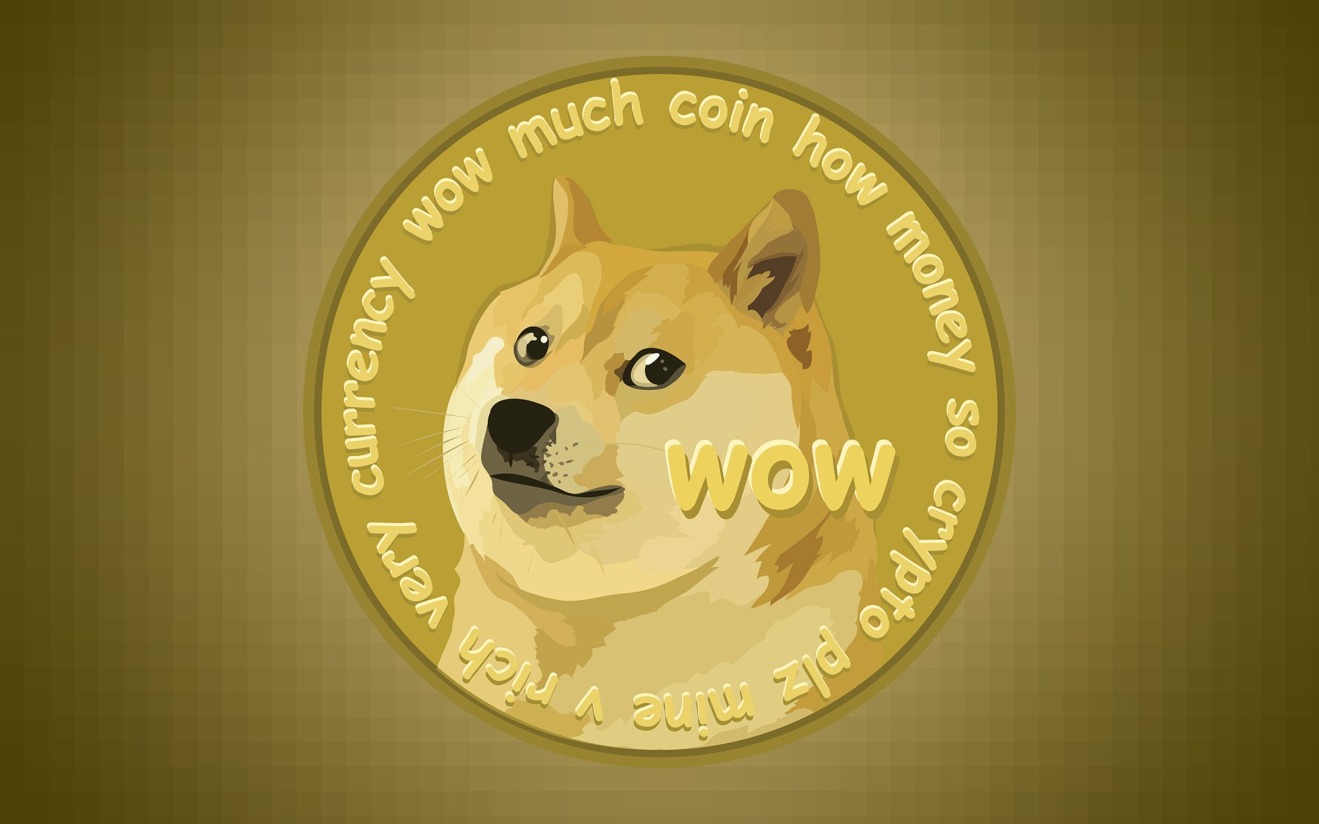 HD wallpaper featuring Dogecoin cryptocurrency with a Shiba Inu dog and whimsical phrases on a golden coin against a textured background.
