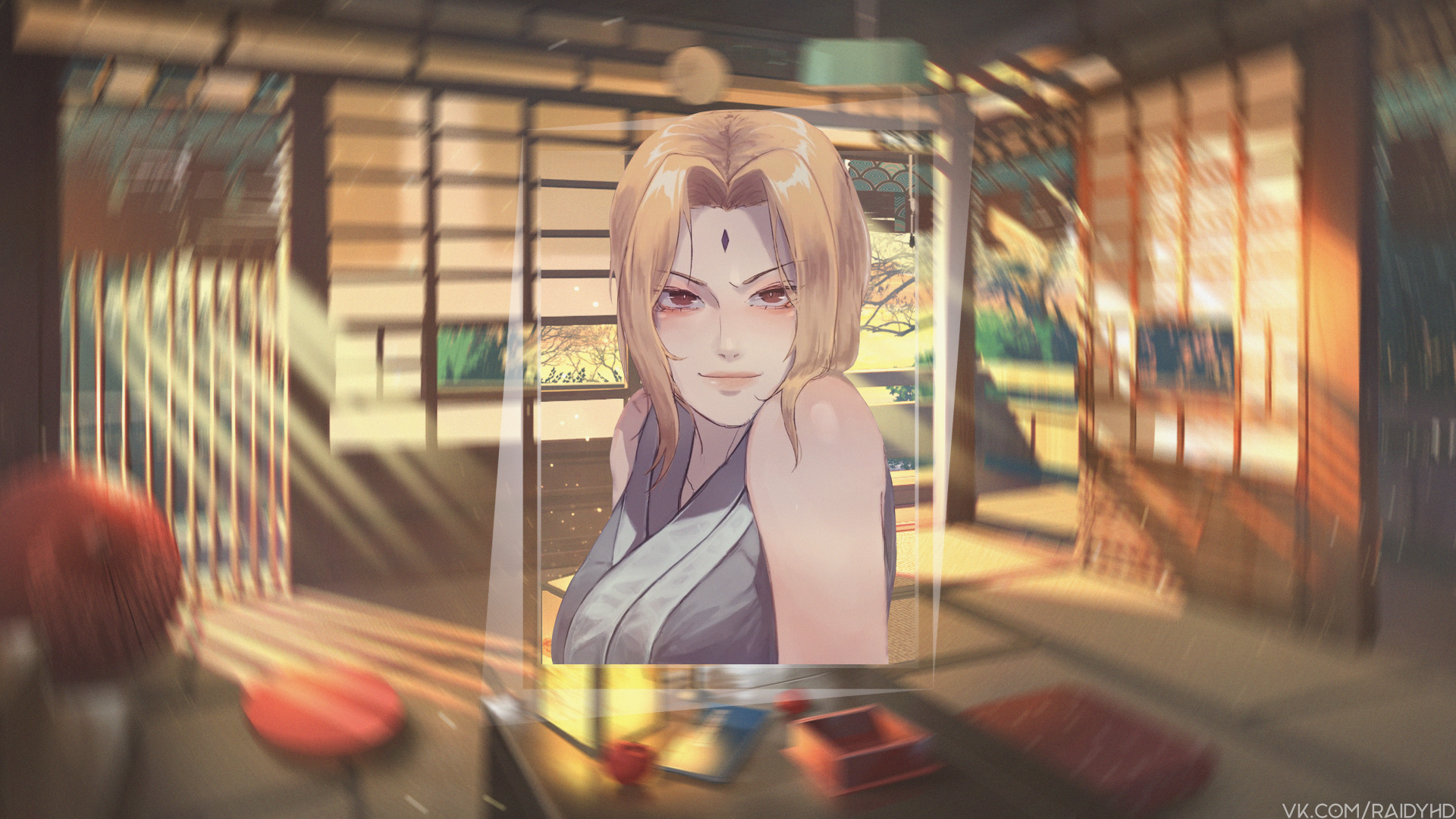 4K Ultra HD anime wallpaper of Tsunade from Naruto, featuring a picture-in-picture effect with warm lighting and a traditional Japanese room background.