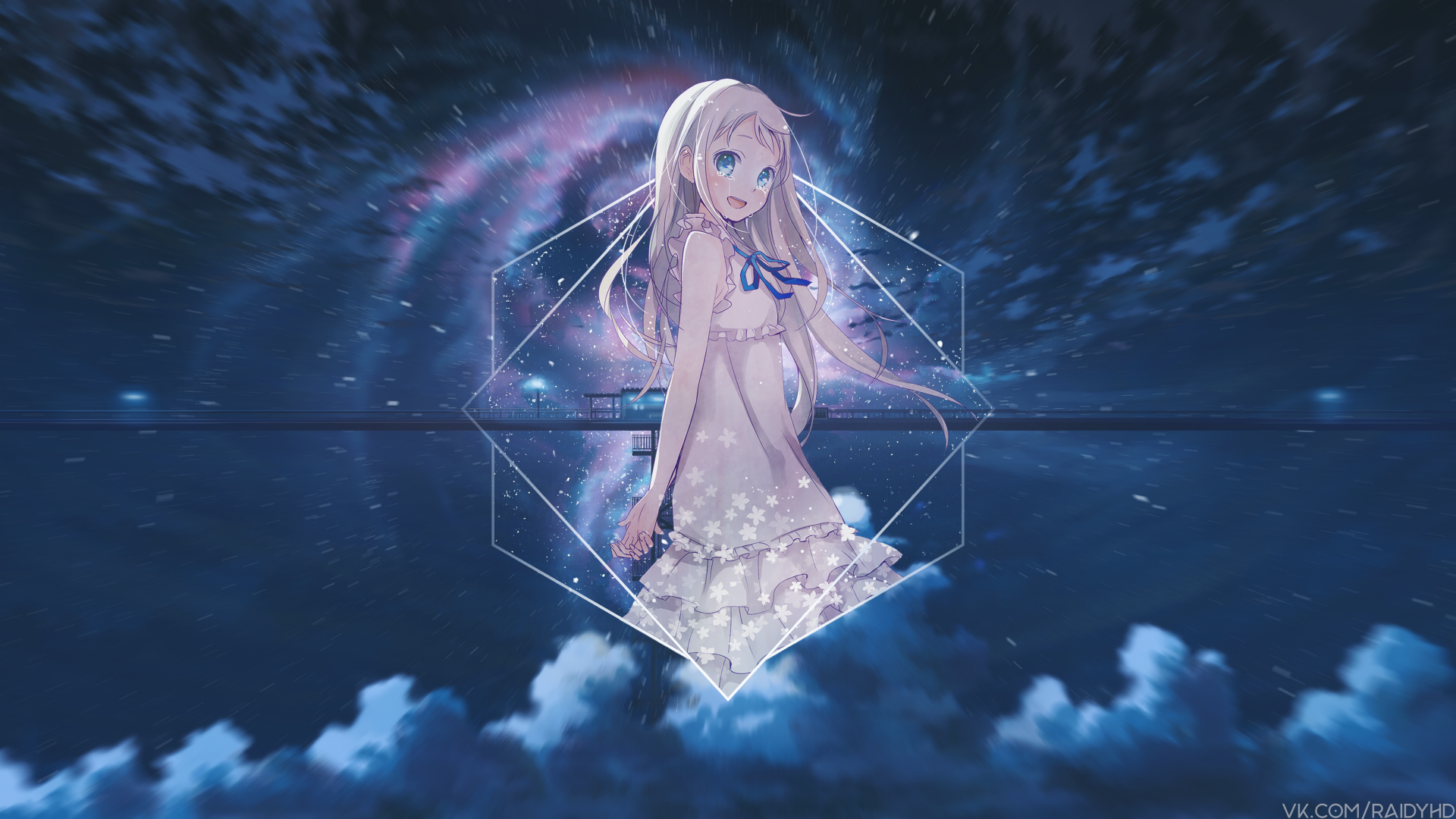 4K Ultra HD anime wallpaper featuring Meiko Honma from Anohana, with a picture-in-picture design set against a starry night sky and cosmic background.