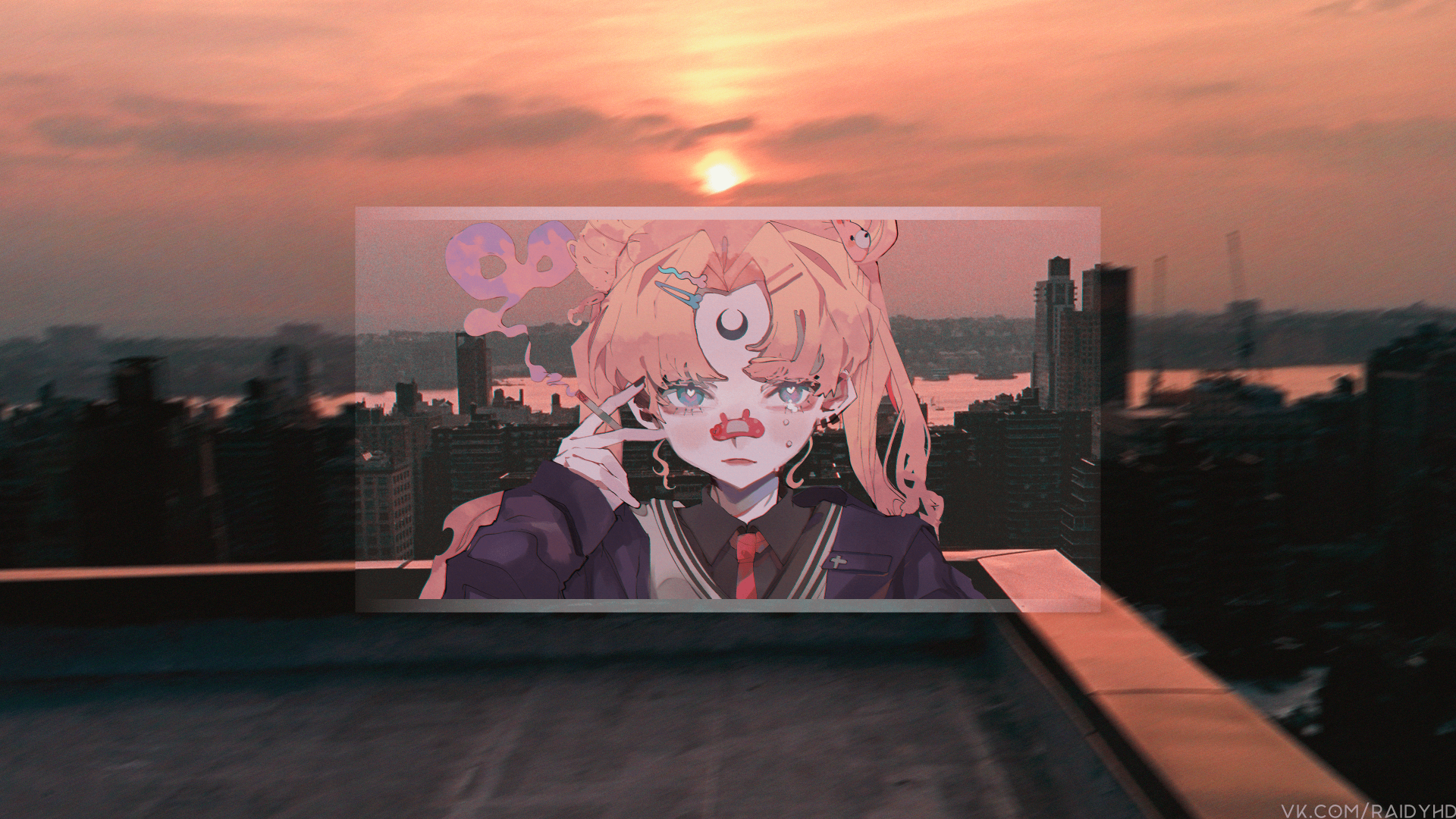 A 4K Ultra HD PC desktop wallpaper featuring Usagi Tsukino from Sailor Moon in a picture-in-picture style against a city skyline at sunset.