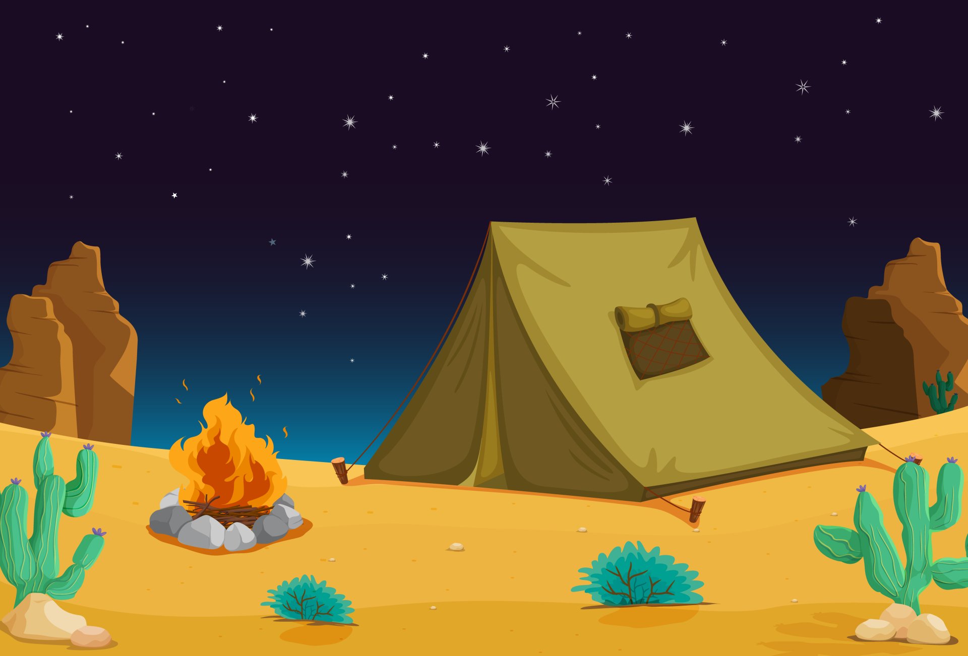HD desktop wallpaper of a camping scene at night with a tent, campfire, and starry sky in a desert setting.