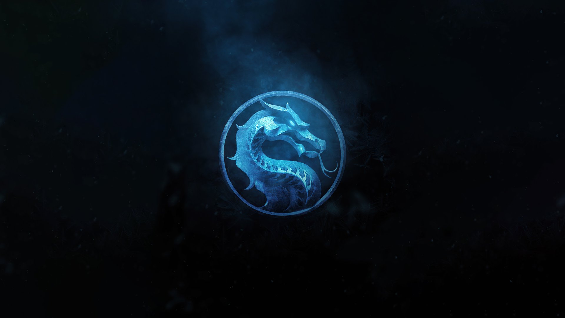 4K Ultra HD PC desktop wallpaper featuring the glowing blue Mortal Kombat dragon logo with Sub-Zero’s icy aura in a dark, smoky background.