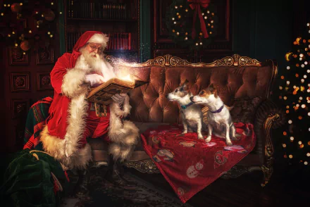 Santa Claus reads a glowing book on a sofa while two dogs watch intently, surrounded by festive Christmas holiday decor in a 4K Ultra HD desktop wallpaper.