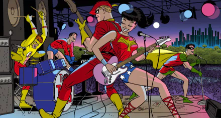 HD PC desktop wallpaper featuring DC Comics Teen Titans characters including Roy Harper, Garth, Dick Grayson, Wally West, Donna Troy, Kid Flash, Aqualad, Speedy, Wonder Girl, and Robin.