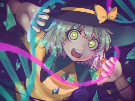 Vibrant 4K Ultra HD anime wallpaper featuring Koishi Komeiji from Touhou, with glowing yellow eyes and dynamic colorful ribbons framing the character.
