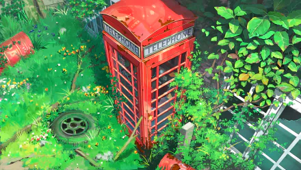 HD anime wallpaper features a red telephone booth in a lush, overgrown garden, surrounded by greenery and scattered objects.