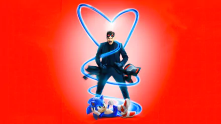 4K Ultra HD desktop wallpaper featuring Jim Carrey as Doctor Robotnik from the Sonic the Hedgehog movie, with vibrant red background and glowing blue heart design.