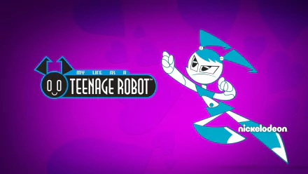 HD desktop wallpaper of Jenny Wakeman (XJ‑9) from the TV show My Life as a Teenage Robot, leaping on a purple background with the show's logo.
