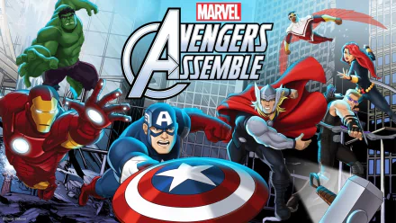HD desktop wallpaper of Marvel's Avengers Assemble TV show featuring Captain America, Iron Man, Thor, Hulk, Black Widow, Hawkeye (Clint Barton) and Falcon in dynamic action.