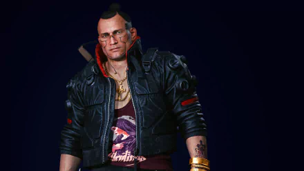 HD PC desktop wallpaper featuring Jackie Welles, a character from the video game Cyberpunk 2077, dressed in a dark leather jacket with a confident expression.
