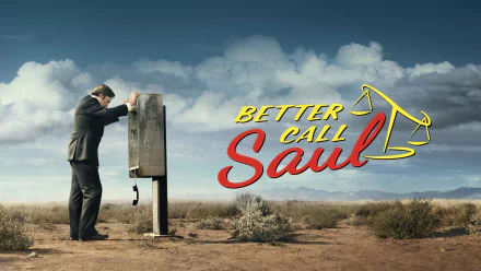 HD desktop wallpaper for the TV show Better Call Saul: Saul Goodman leans on a desert payphone under dramatic clouds with the show's logo beside him.
