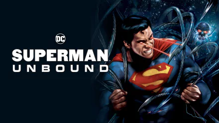 HD PC wallpaper for the DC Comics movie Superman: Unbound — DC logo left, Superman straining against alien tendrils beside the title.