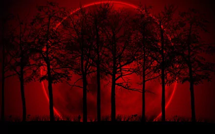 A striking artistic depiction of a large red moon behind silhouetted trees, creating a dramatic and atmospheric HD PC desktop wallpaper.