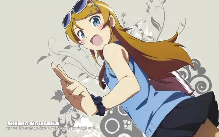 HD PC desktop wallpaper of Kirino Kousaka from Oreimo: cheerful anime girl in a blue top with sunglasses on her head, reaching out against a swirly floral decorative background.