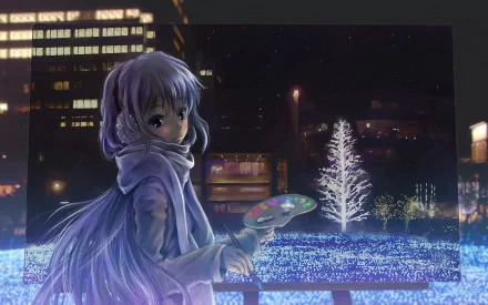 A winter night cityscape with vibrant lights, featuring an anime character painting a glowing tree, captured in an original HD wallpaper showcasing a rich color palette.