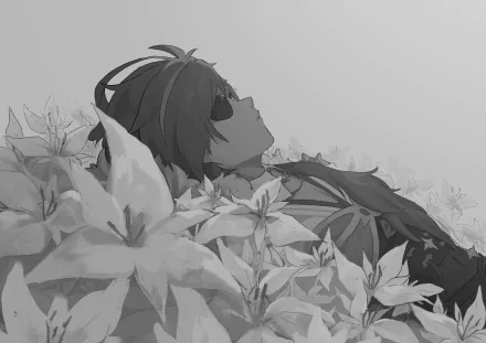 HD PC desktop wallpaper featuring Kaeya from the video game Genshin Impact, surrounded by detailed flowers in a serene grayscale composition.