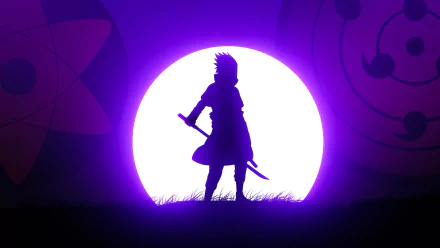 Silhouette of Sasuke Uchiha from Naruto standing against a glowing moon, featuring iconic Uchiha Clan symbols and Rinnegan and Sharingan eyes in a vibrant HD anime wallpaper.