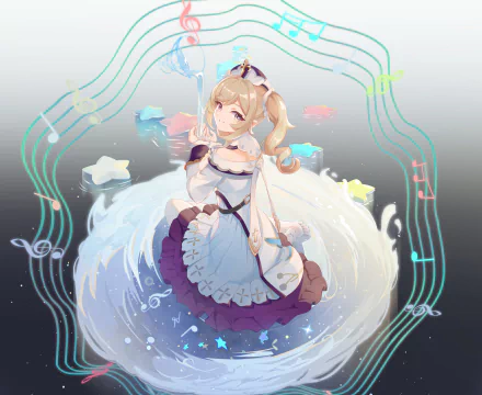 HD PC desktop wallpaper featuring Barbara from the video game Genshin Impact, surrounded by colorful musical notes and whimsical aquatic elements.