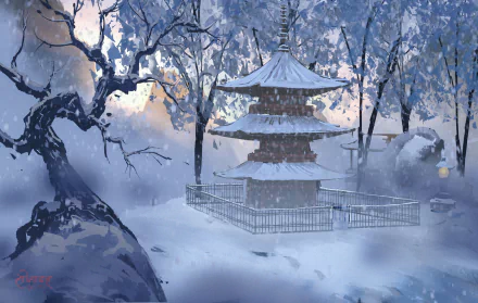 Anime-style HD winter scene of a snow-covered temple and shrine surrounded by frosted trees, creating a serene and peaceful atmosphere for a PC desktop wallpaper.