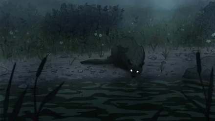 Dark fantasy scene of a glowing-eyed cat emerging from misty waters, surrounded by dense foliage and eerie shadows, designed as an HD PC desktop wallpaper.