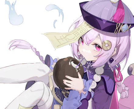 Qiqi from Genshin Impact in a 4K Ultra HD PC desktop wallpaper: purple-clad, talisman on her forehead, pastel hair, clutching a dark cup against a soft white background.