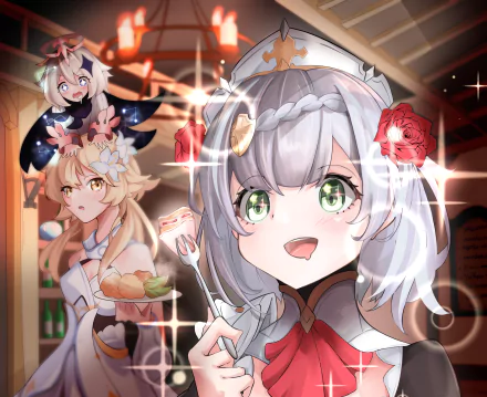HD desktop wallpaper featuring Paimon, Noelle, and Lumine from Genshin Impact. Paimon is on Lumine's head, while Noelle is in the foreground with a happy expression, surrounded by sparkles.
