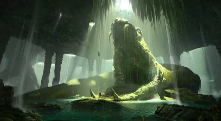 HD fantasy PC desktop wallpaper depicting a mystical temple scene with a giant moss-covered serpent statue illuminated by shafts of light in an underground cavern.