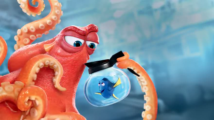 HD desktop wallpaper featuring Hank the octopus holding Dory in a water-filled jar, from the movie Finding Dory.
