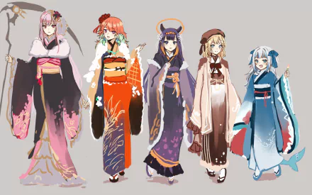 HD PC wallpaper featuring anime-style Virtual YouTubers Takanashi Kiara, Mori Calliope, Ninomae Ina'nis, Watson Amelia, and Gawr Gura in traditional Japanese attire.